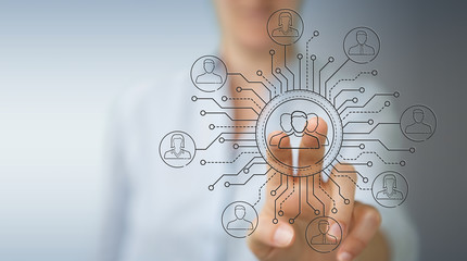 Businesswoman using thin line social network icons interface