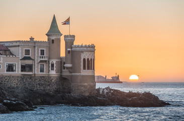 Sticker - Wullf Castle (Castillo Wulff) at sunset - Vina del Mar, Chile