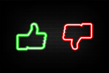 Poster - neon like and dislike icons on background brick wall