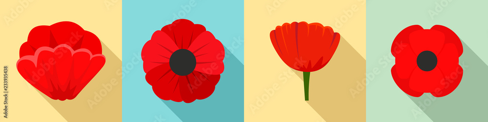 Poppy flowers icon set. Flat set of poppy flowers vector icons for web design - obrazy, fototapety, plakaty 