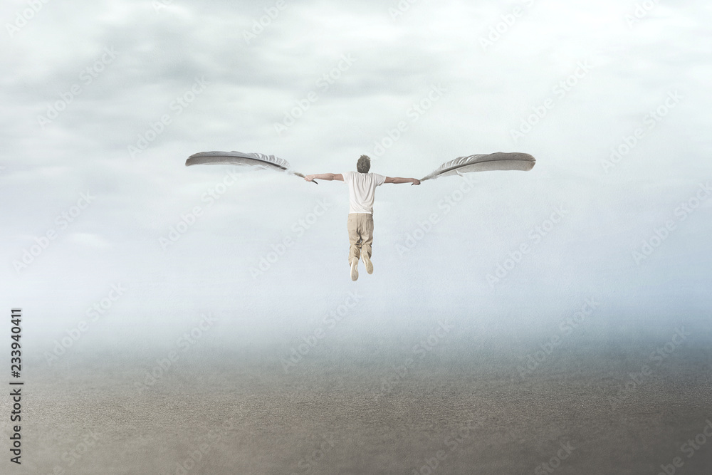 man with wings flying in the sky - obrazy, fototapety, plakaty 
