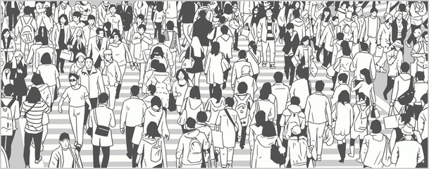 Illustration of large city crowd people tourist walking