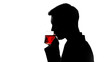 Man silhouette drinking tea, recreation after work, pH balance restore, closeup
