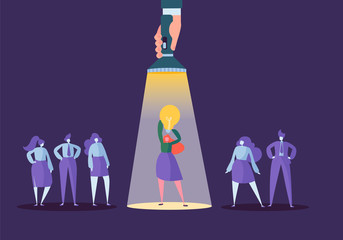 Wall Mural - hand with flashlight pointing at business woman character with light bulb. recruitment, leadership c