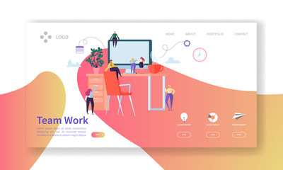 Wall Mural - team work landing page. creative process concept with flat people characters working together websit