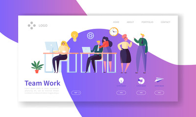 Wall Mural - Team Work Landing Page. Creative Process Concept with Flat People Characters Working Together Website Template. Easy Edit and Customize. Vector illustration