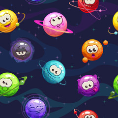 Sticker - Seamless pattern with cute cartoon funny planets.