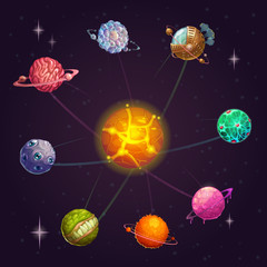 Fantasy alien solar system with star and unusual planets. Vector space illustration.