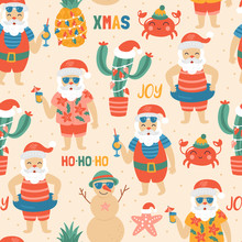 Seamless Pattern For Christmas Holiday With Santa Claus On Sea Beach.