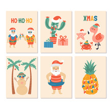 Christmas Holiday Greeting Card Set With Santa Claus On Sea Beach