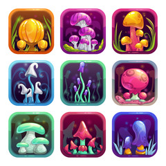 Poster - App icons with fantasy cartoon colorful shiny mushrooms in the frame.