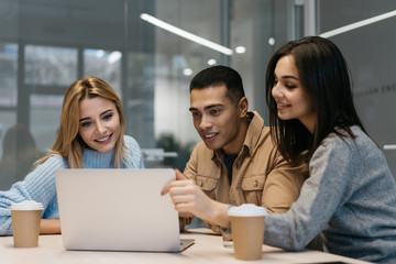 Poster - Group of happy multiracial university students studying together, working project, using laptop computer for learning language online. Online education concept. Hipsters friends searching information.