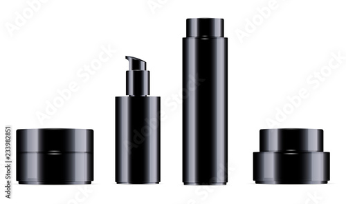 Download Glossy Black Cosmetic Bottle For Facial Toner Hair Shampoo Or Shower Gel And Cream Jar Set Vector Design Template Cosmetics Packaging Mockup Realistic 3d Illustration Stock Vector Adobe Stock