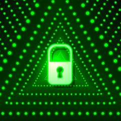 Sticker - Vector Glowing Background with Lock and Green Triangles, Technology Futuristic Backdrop, Bright Green Light.