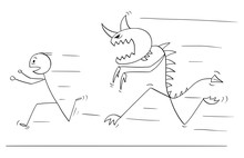 Cartoon Stick Drawing Conceptual Illustration Of Scared Man Running Away From Monster Creature.
