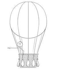 Sticker - Cartoon stick drawing conceptual illustration of man or businessman in hot air balloon pointing his hand at something on his side, possibly sign or text.