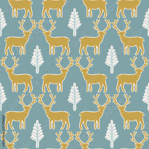 Fotografija Winter Rustic Tree and Reindeer Lino Cut Texture Seamless Vector Pattern, Pine,
