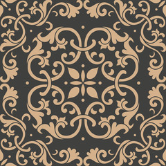 Wall Mural - Vector damask seamless retro pattern background botanic garden spiral curve cross leaf frame vine flower kaleidoscope