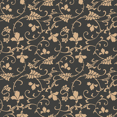 Wall Mural - Vector damask seamless retro pattern background oriental spiral curve cross frame vine leaf flower