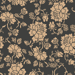 Wall Mural - Vector damask seamless retro pattern background spiral curve cross leaf frame vine flower peony