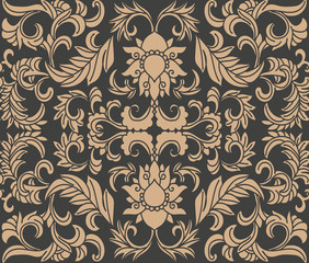 Wall Mural - Vector damask seamless retro pattern background oriental spiral curve cross frame leaf vine flower