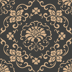 Wall Mural - Vector damask seamless retro pattern background spiral curve cross flower peony leaf frame vine wreath