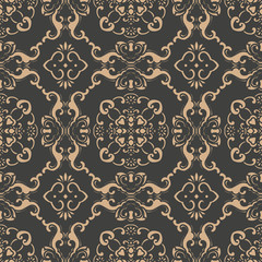 Wall Mural - Vector damask seamless retro pattern background oriental spiral curve cross frame leaf vine flower chain