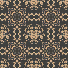 Wall Mural - Vector damask seamless retro pattern background spiral curve cross oriental frame chain leaf vine flower