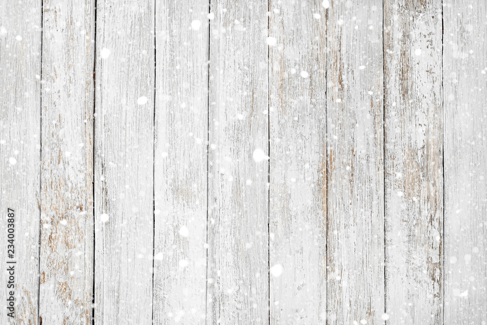 Vintage white wood wall with snow falling over. Christmas rustic ...