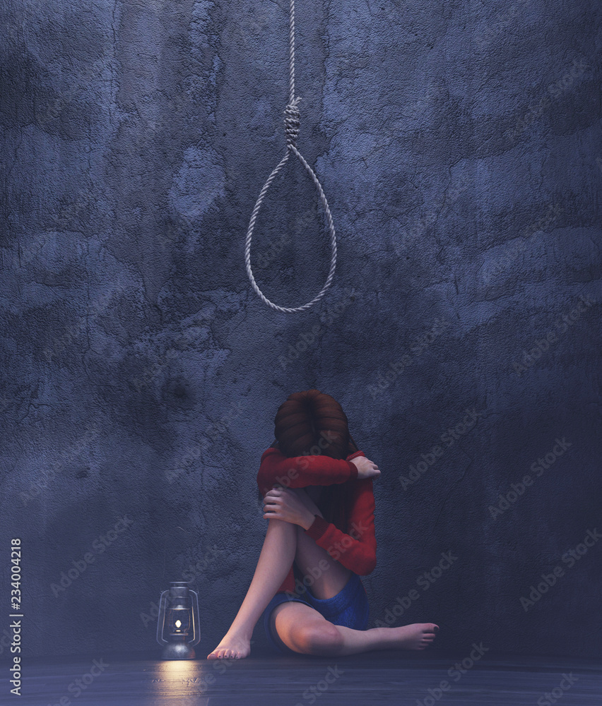 Hanging girls Stress girl sitting under a Rope noose hanging in a dark room,3d rendering の Stock イラスト | Adobe Stock