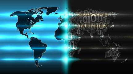 World map from binary code with background of abstract circuit boards. Digital technologies transform world. Concept of cloud service, iot, ai, big data, vector illustration