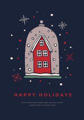 Wall Mural - Template greeting card with a snow-covered house and snowflakes on dark background. Decorative holiday composition for the New Year and Christmas. Festive vector illustration for postcard.