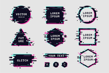 glitch effect banners and frame set. futuristic design with glitchy abstract shapes. vector clipart 