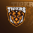 Head tiger mascot logo design vector with badge emblem concept for sport, esport and team.