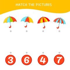 counting educational children game, math kids activity sheet. how many objects task. cartoon umbrell