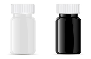 Wall Mural - Pills bottle. Black and white medical glass or glossy plastic container for drugs, diet, nutritional supplements. Vector illustration isolated on white background.
