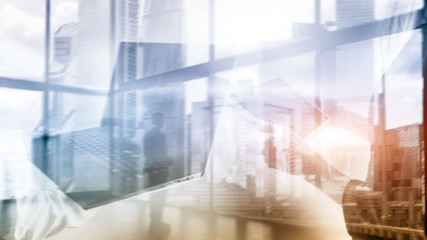 Wall Mural - Abstract business background. Business people, double exposure