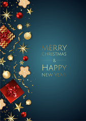 Wall Mural - christmas bright background with golden xmas decorations. merry christmas greeting card.