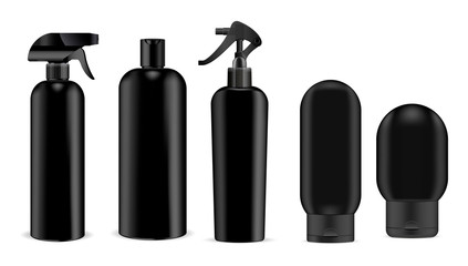 Wall Mural - Black cosmetics sprayer and shampoo, gel, soap bottles mockup set black pump dispenser and lid. High quality containers. Realistic vector illustration package.