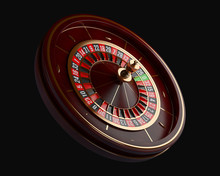 Luxury Casino roulette wheel isolated on black background. Wooden Casino roulette 3d rendering illustration.