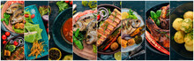 Collage Of Dishes. Salads, Snacks, And Meat Dishes And Fish. On A Wooden Background. Top View.
