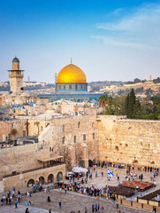 the temple mount - western wall and the golden dome of the rock mosque in the old town of jerusalem,