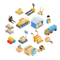 Warehouse logistic storage icons set in isometric 3d style on a white background 