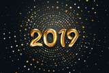 Fototapeta Tematy - Creative background, Gold numbers Balloons on a dark background, 2019 Happy new year, Number Ball, Air Filled Balloon. New year balloon for decoration, celebration, congratulation. copy space.