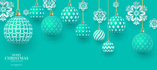 Christmas Gently Green Baubles With Geometric Patterns And Snowflakes. Abstract Christmas Background In Pastel Colors. A Place For Your Text. Vector