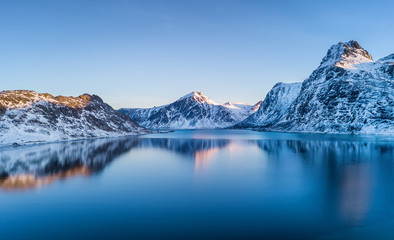 Wall Mural - aerial view at the lofoten islands, norway. mountains and sea during sunset. natural landscape from 