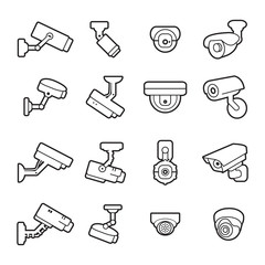 Video surveillance camera thin line icon set. Vector.