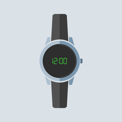 Wall Mural - Smart watch with black leather strap. Icon in flat design. Vector illustration.