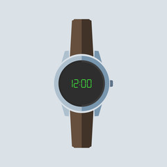 Wall Mural - Smart watch with brown leather strap. Icon in flat design. Vector illustration.