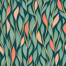 Seamless Vector Floral Pattern With Abstract Leaves And Branches In Pink And Blue Colors On Dark Background